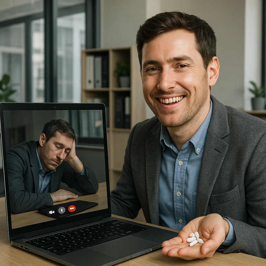 Man in his mid-30s, video call, pretending to be happy, hand under desk with caffeine pills, screen reflection shows collapsed posture, virtual avatar upright, hyperrealistic 4K, office setting emoji