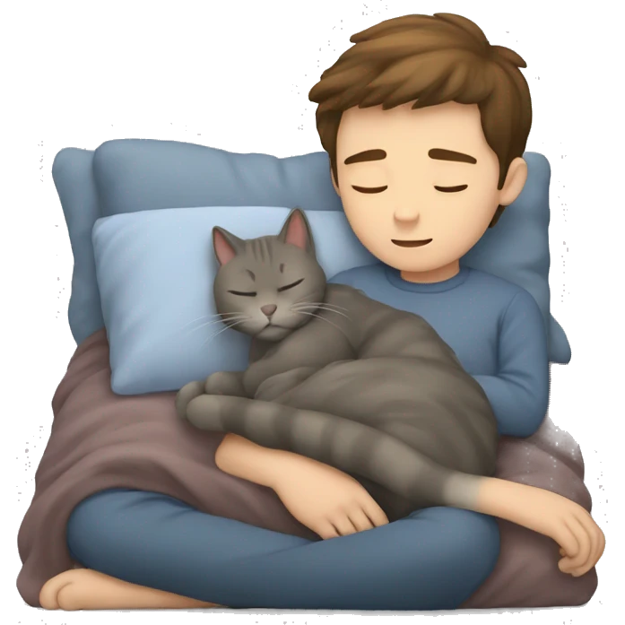 Grey cat taking a nap with a boy who has brown hair emoji