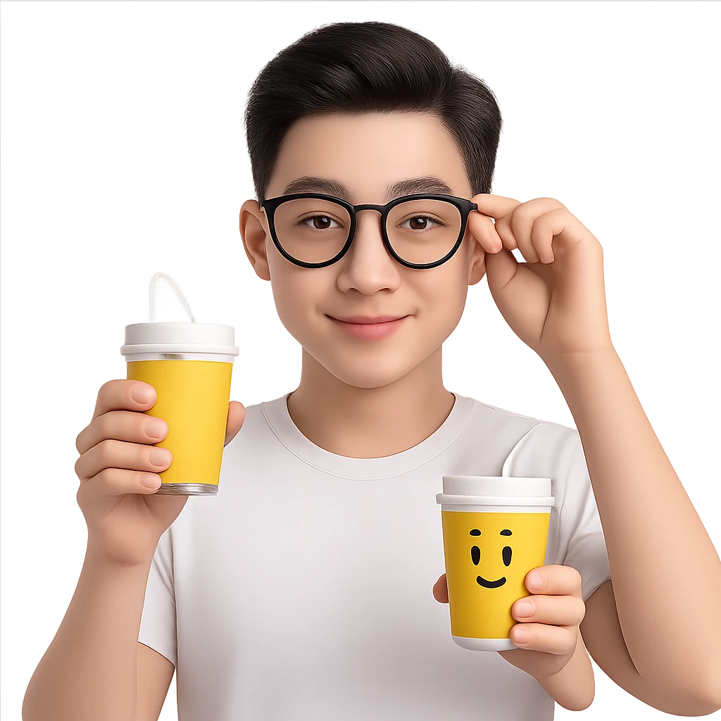 Change to a different, stylish hairstyle for a young and handsome Asian man with black coffee colored hair, wearing a white T-shirt, black framed glasses, holding glasses, very smart. Keep the 3D emoji style look but use the general editor as 3D emoji style does not support editing. Remove background. emoji