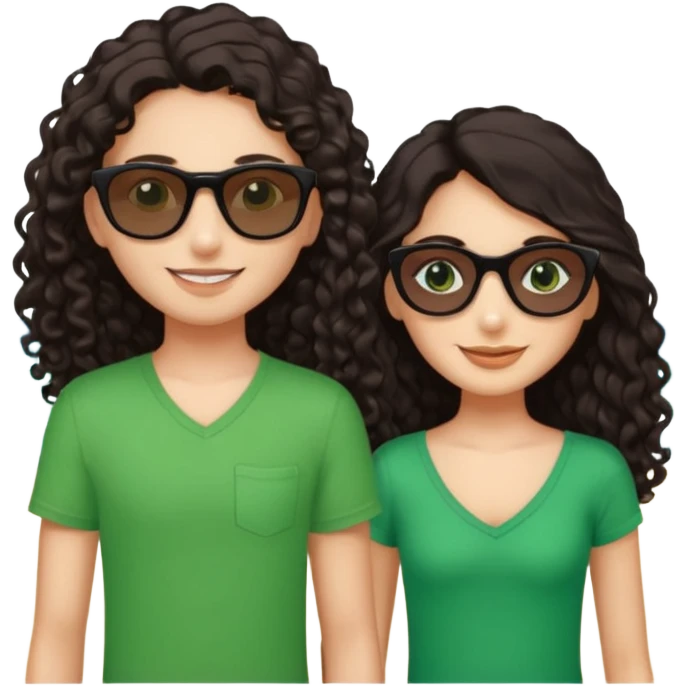 Two besties on the beach, black sunglasses, 1: long ironed straight darkbrown hair, green eyes, 2: long curly darkbrown hair, brown eyes  emoji