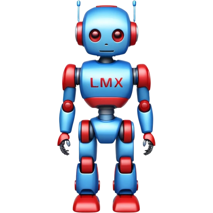 generate cute full body robot glossy, realstic, red and blue color, add text on chest "LMX" emoji