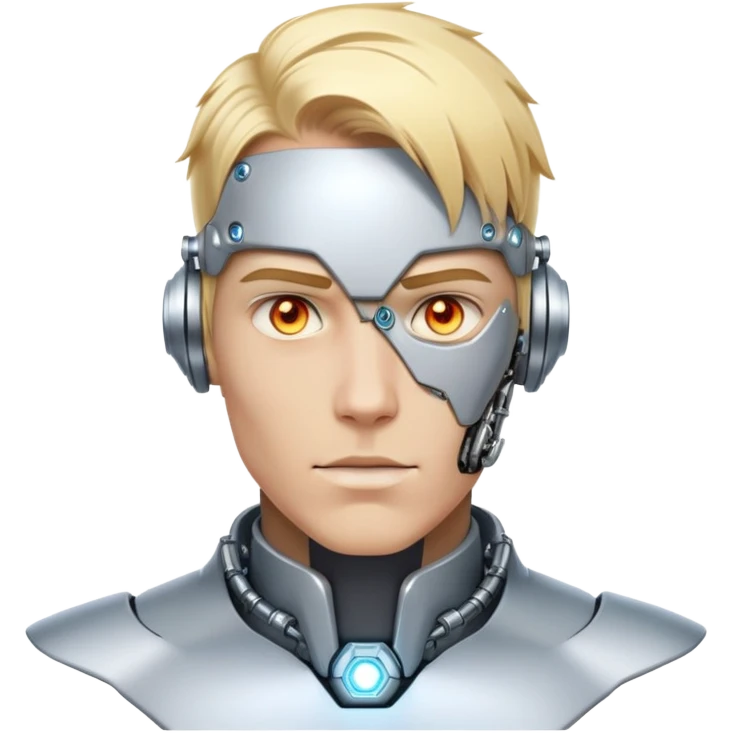 Cyborg male with blond hair, partly mechanical face, glowing eyes, white tech collar emoji