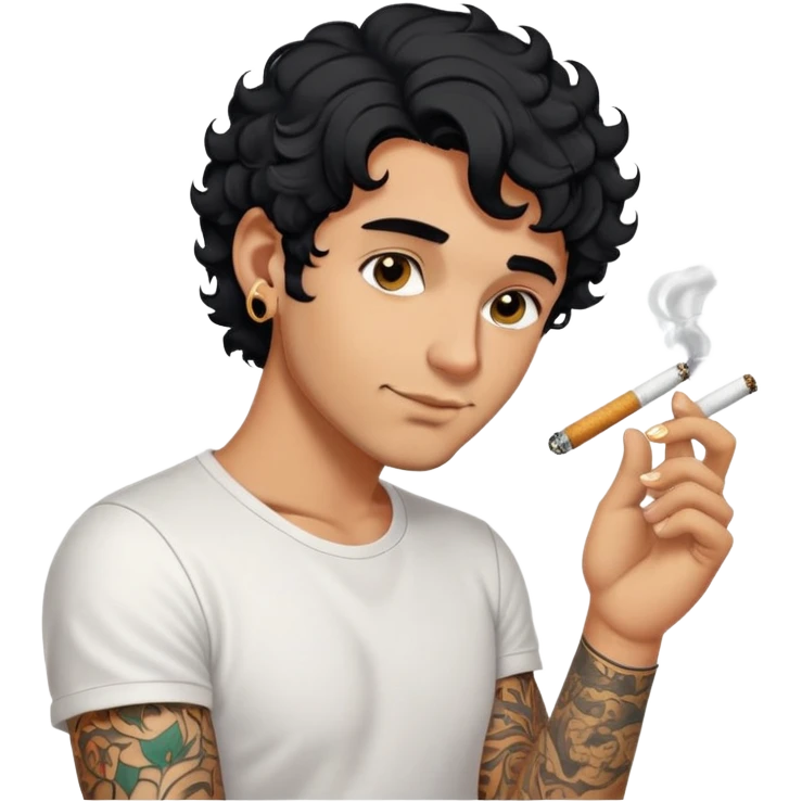 Italian guy with tanned skin, curly black hair in a short bob and stubble, with a gold earring in his left ear, wearing a white T-shirt, with a tattoo on his forearm, smoking a cigarette emoji