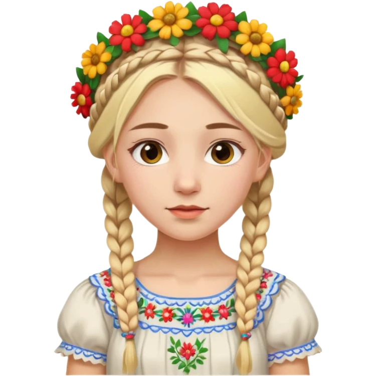 Slavic girl with two blonde braids, wearing a traditional embroidered dress and a colorful flower crown emoji