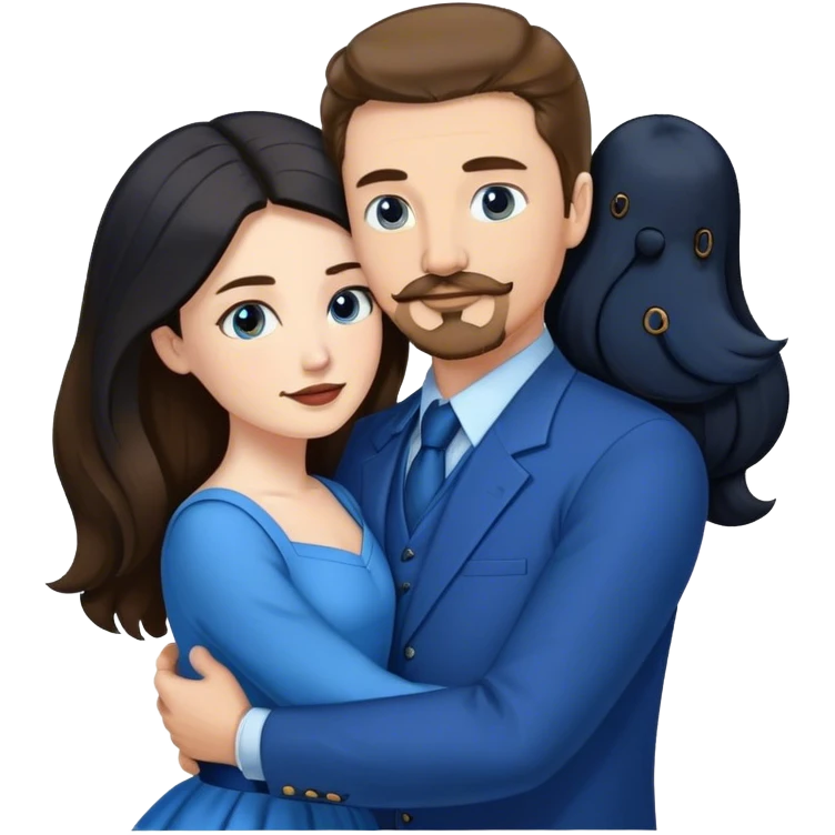 tall white man with brown hair goatee mustache hugging a pale woman with long black hair, wearing blue formal clothing emoji