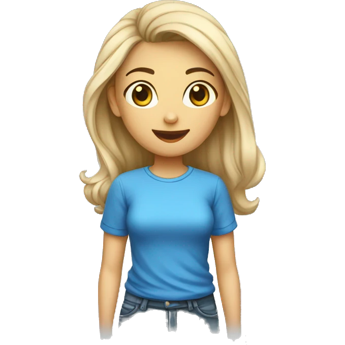 mulher loira com uma camiseta azul escrito link oferta emoji