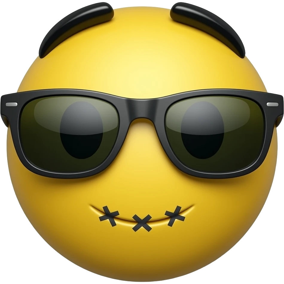 Emoji de cara redonda amarilla con gafas de sol oscuras, la luz se refleja en su superficie, . que el fondo sea negro con la boca con puntos de sutura en forma de x solo los puntos que sean 5 emoji