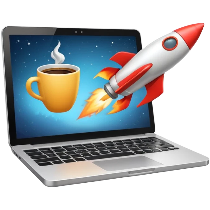 rocket blasting off from a workspace with a laptop and coffee cup, representing a startup launch, clean modern emoji style emoji