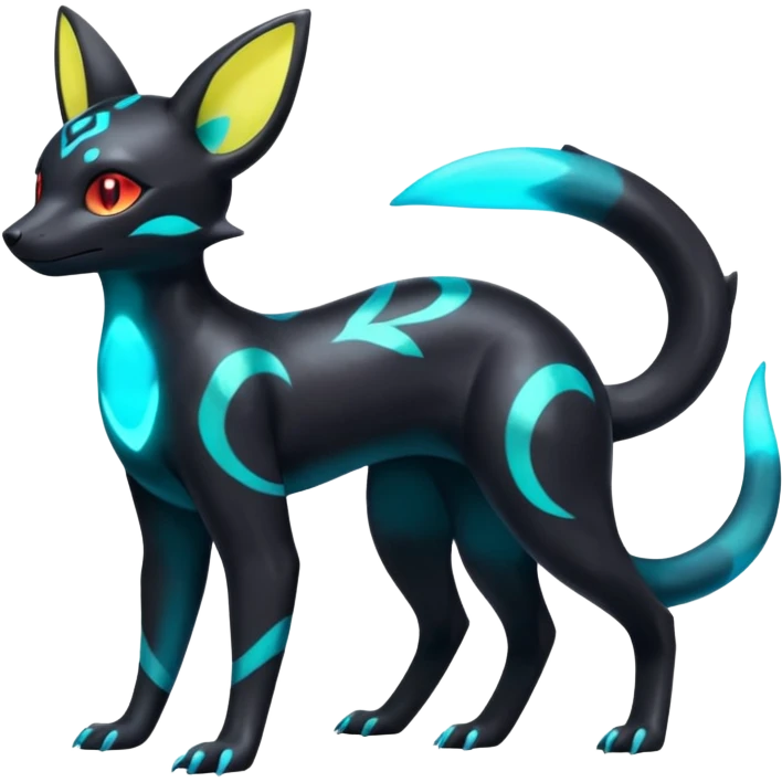Shiny Aural Iridescent Fluorescent Bioluminescent Umbreon-Amaura-Salandit-Torracat-Fakémon-fusion (full body) emoji