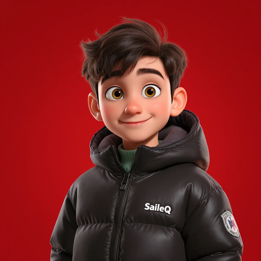 3d disney pixar character, young 18yo boy with dark brown hair, and a shiny black puffer balenciaga design jacket, brave smiling. The background is a solid red color, "SaileQ" on ajcket emoji