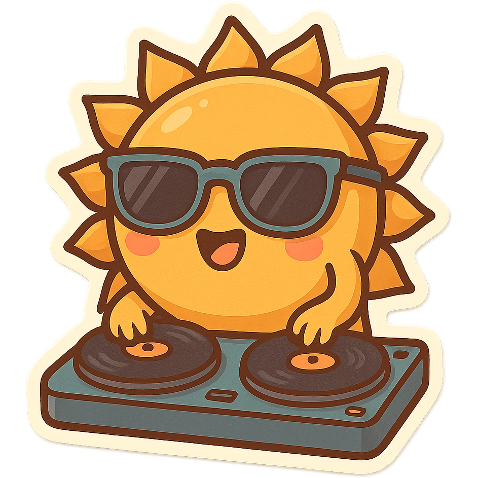 A cartoon sun spinning records as a DJ, with cool sunglasses, chibi stickers style, fun and lively emoji