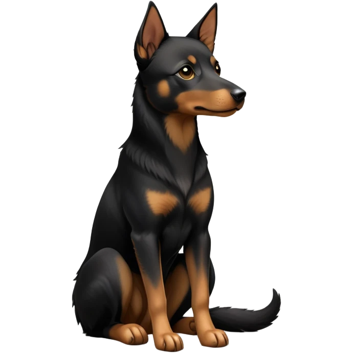 cinematic-[australian kelpie]-realistic-full-body-sitting-emoji,-tail-resting-loosely-beside-its-paws,-head-tilted-dramatically, -sleek-[Black and tan]-fur,-simplified-yet-realistic-focused-features,-highly-detailed,-glowing-with-an-almost-sarcastic-glow emoji