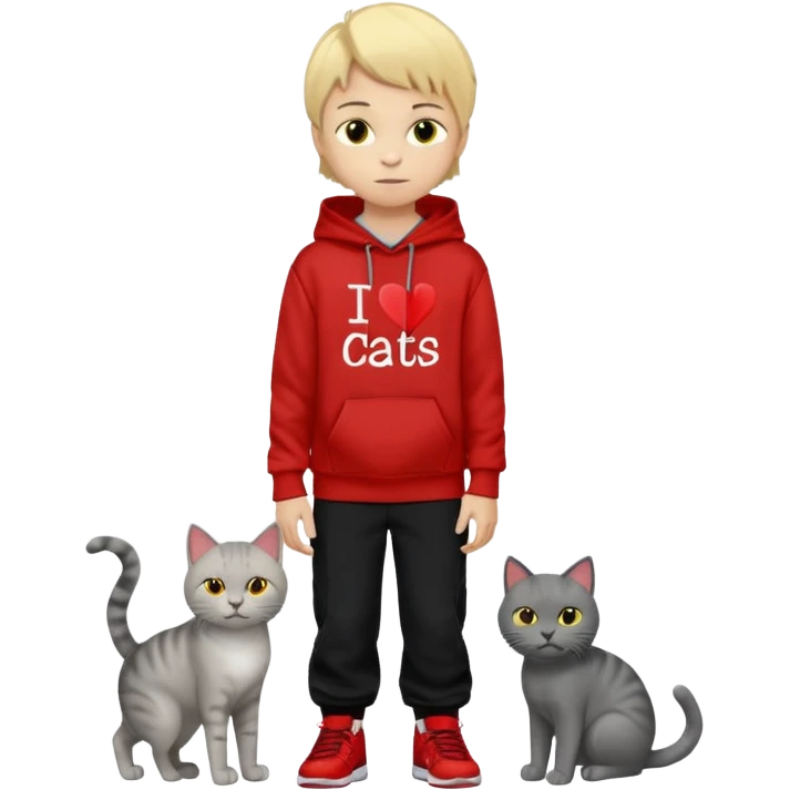 There is one 8 year old boy wearing a red and black hoodie say I heart cats he’s blond he has red Jordan’s and Hess wearing black pants he’s next to his only gray cat with yellow eyes  emoji