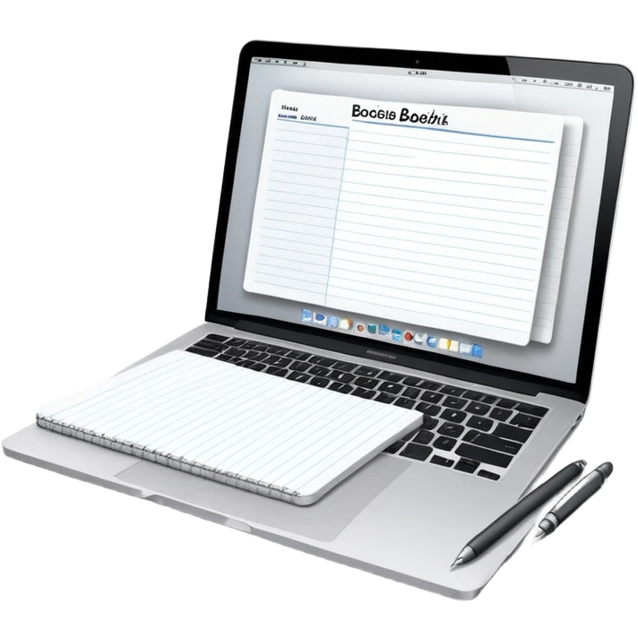 online booking system on MacBook screen beside a classic paper notebook and pen emoji