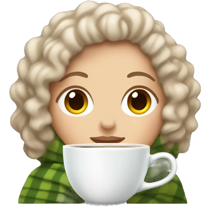 a White girl with curly hair wrapped in a blanket with a cup of tea emoji
