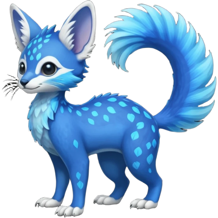 Feral Rare Fantasy vibrant tropical cobalt-blue and cyan Vernid-Trico-species-creature by LiLaiRa, random markings, tufted tail, tufted ears, full body emoji