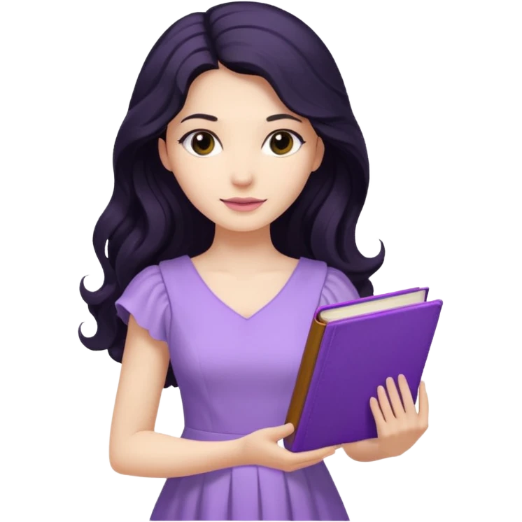 Long Hair Women with purple Book, Black wavy hair, light dress emoji