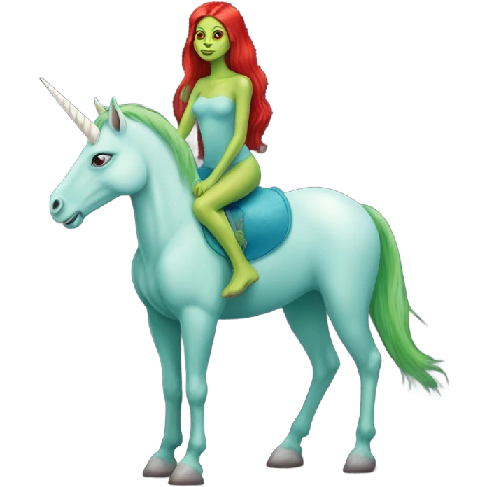 [politically incorrect
	{ woman: alien, color: light green, hair:red, eyes:cat} ]
	on a 
	[{ unicorn: white, legged:four, mane: light blue }] emoji