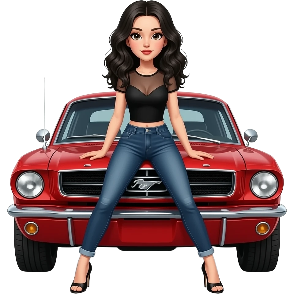 Pale girl with black wavy hair in front of a red ford mustang 1968 coupe. Girl wearing a sheer black medium neckline sleeveless top, jeans and heels with visible toes, legs spread and hands resting on the hood. emoji