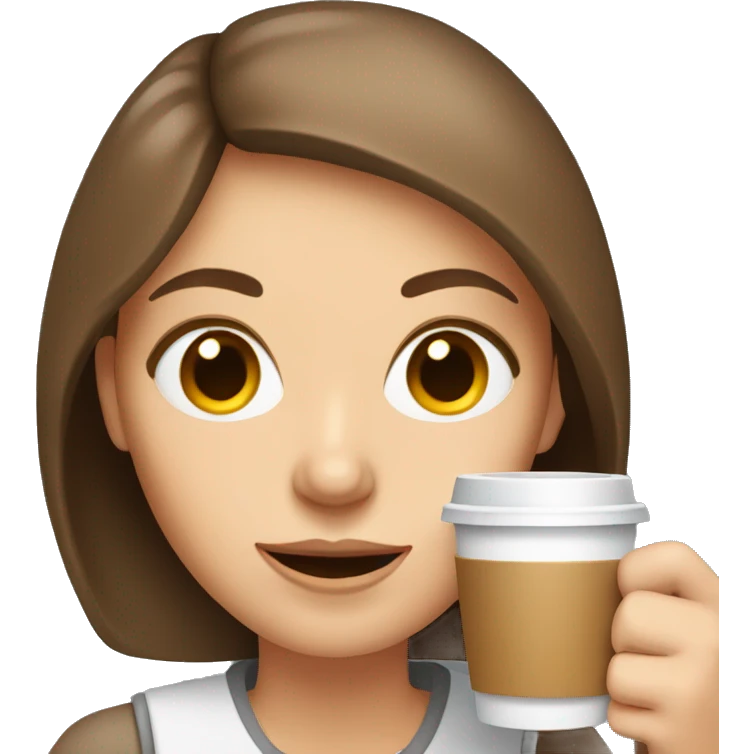 White woman with brown hair and grey eyes holding a coffee cup emoji