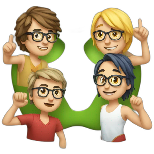 four european nerds holding up the apple logo emoji