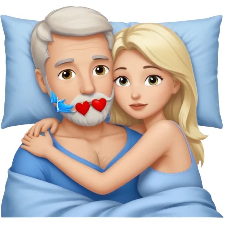 Cuddling Man with hazel eyes and gray beard kissing sexy  blonde blue-eyed  woman in bed emoji