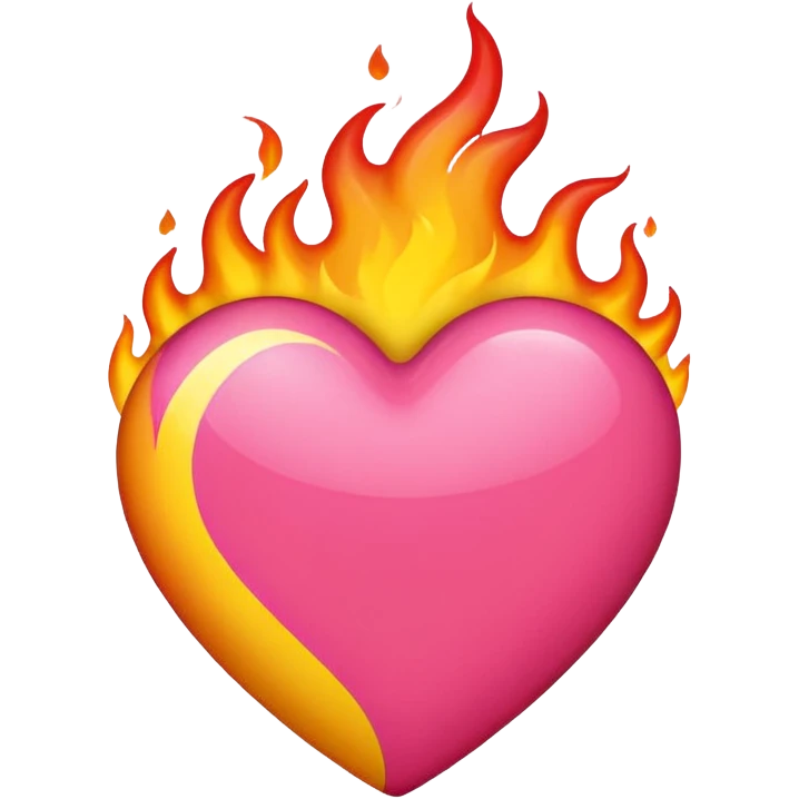 red-orange, yellow and bubblegum pink flaming heart, iPhone emoji style, transparent background, glossy effect emoji