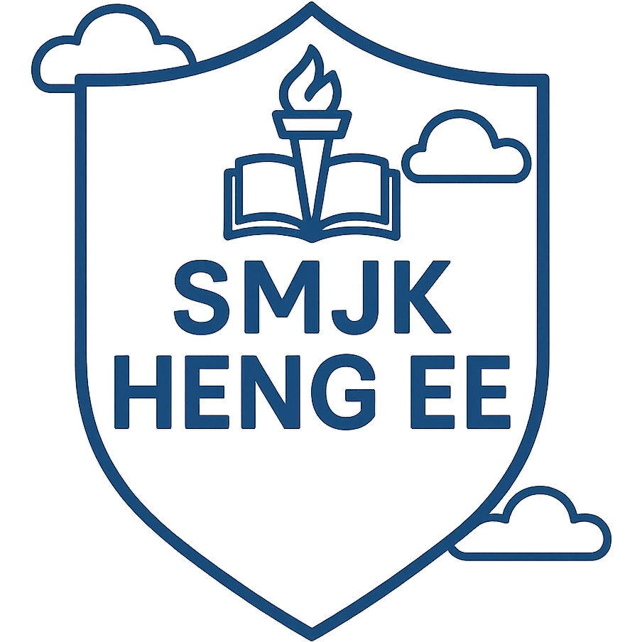 minimalist school crest for SMJK Heng Ee, blue and white colors, geometric shapes, school initials prominently displayed emoji