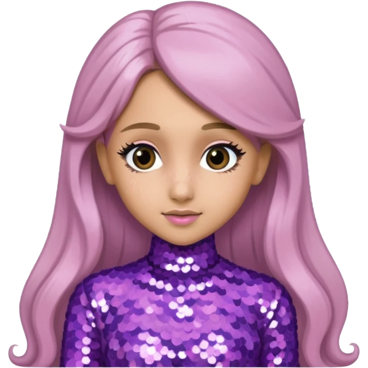 Ariana Grande with long dark blonde hair, lavender pink sequin outfit emoji
