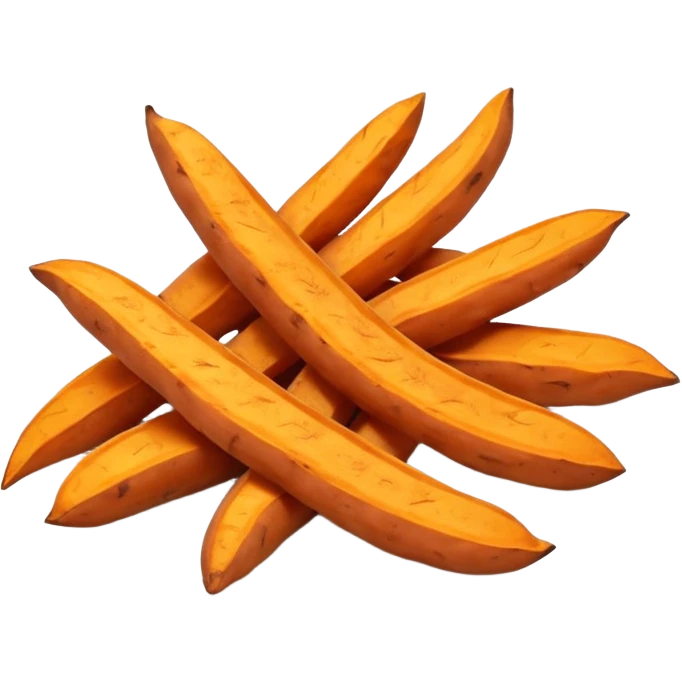 sweet potato fries, two or three, thick-cut, orange interior, golden-brown edges, natural baked or fried texture, gentle curves, rustic, warm, crispy outside, soft inside, no plate or dip, no faces, clean 3D, soft shadows, transparent background, emoji scale emoji