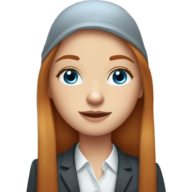 Cute portrait of girl in bussines with long straight ginger hair, freckles and blue eyes and she is very cute amd classy emoji