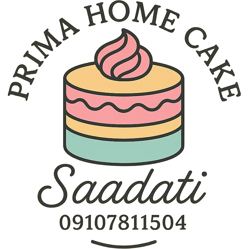 A stylish logo for 'Prima Home Cake' with the text 'Saadati 09107811504' in a printable format, elegant script font, pastel colors, suitable for cake decoration emoji