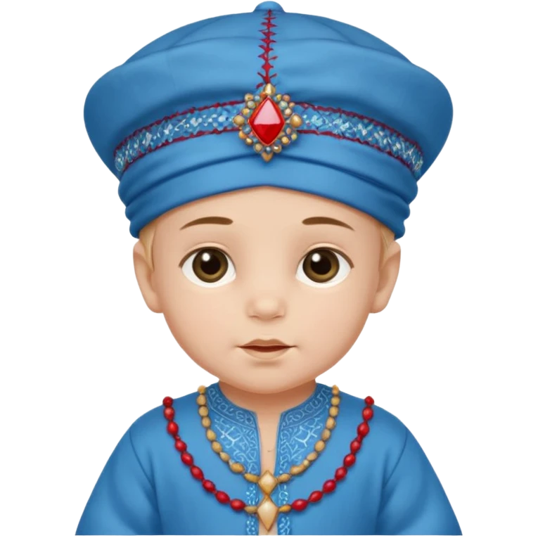  baby boy dressed in a blue ghalibiya with delicate decorations with a red Moracain hat  emoji