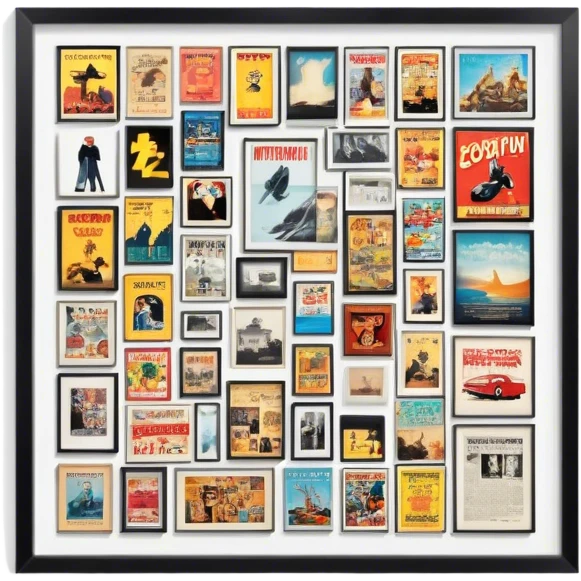 Icon for Photograph and Poster Collecting: a collection of photographs and movie posters, neatly displayed on a wall or in frames. The icon should evoke the nostalgia and artistic value of collecting rare images and posters. Transparent background. emoji