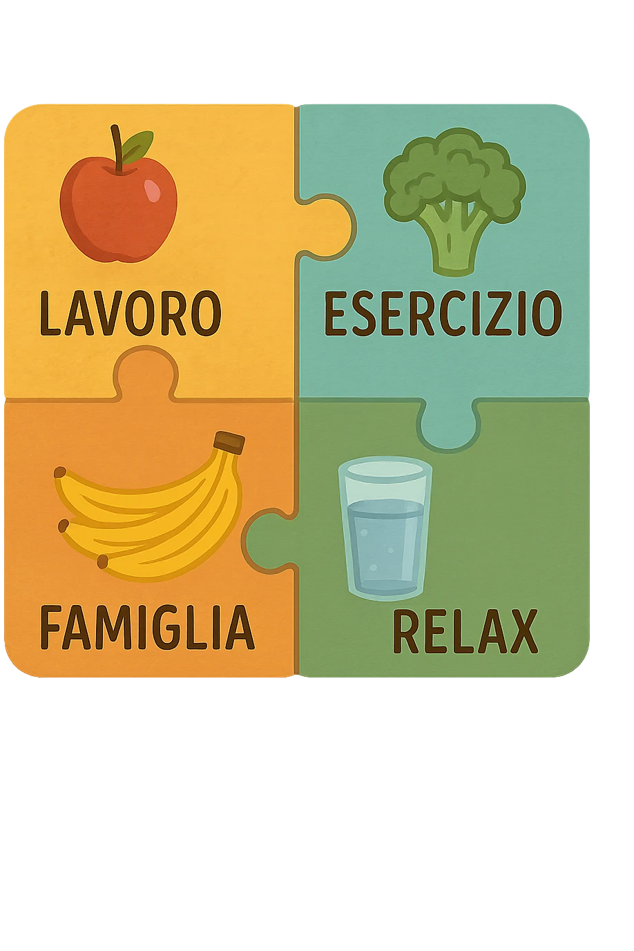 Puzzle (Lavoro, Esercizio, Famiglia, Relax), and healthy foods are integrated into each piece. in italiano emoji