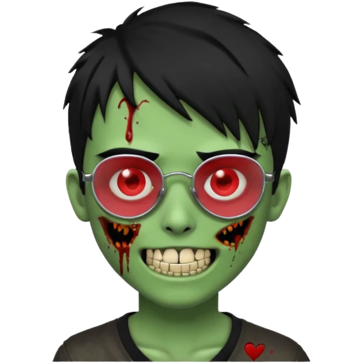 Zombie emo boy, green skin and black hair, chrome heart glasses and a scary cut open smile, scars and blood under eyes emoji