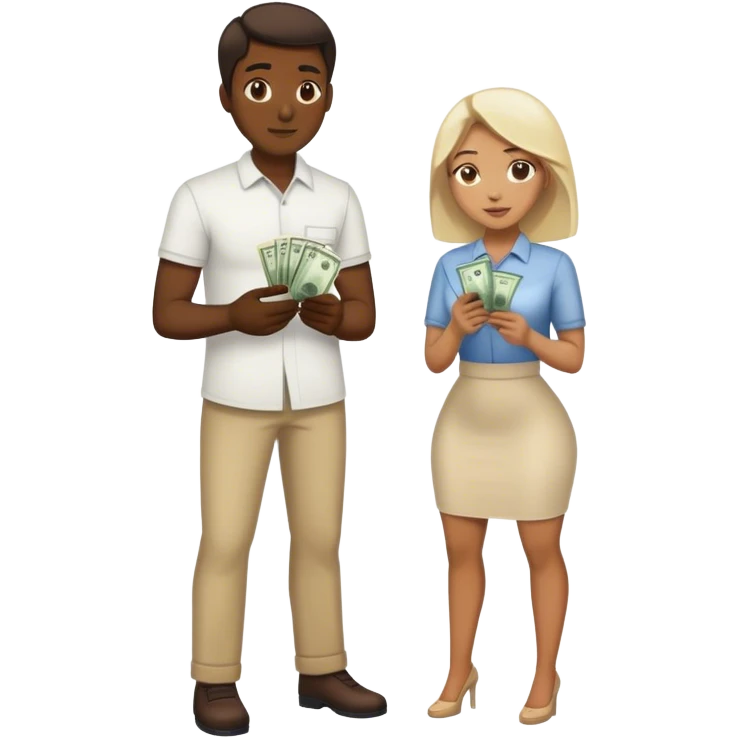 Man on knees woman standing handing her money emoji