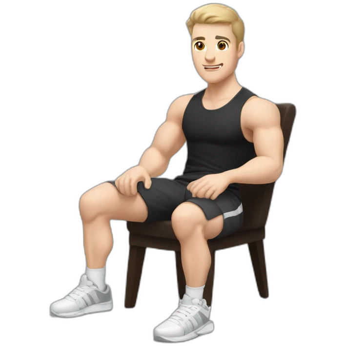 Pale skinned Fit Man With the biceps and dark brown hair in black shirt, gray sports shorts and white Sneakers Sitting on a chair emoji