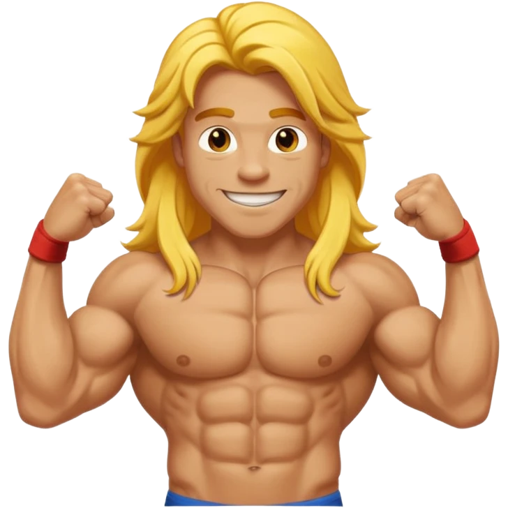 muscled happy guy flexing, long yellow hair emoji