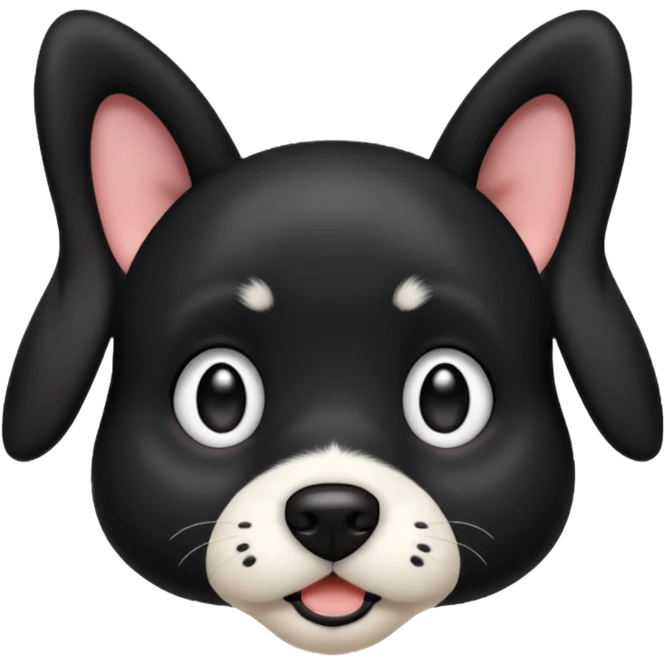 A black not hairy dog with its ears up with a bit of white on its face ￼￼ emoji