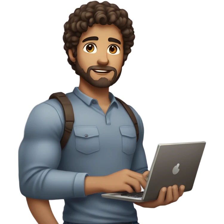 men holding his computer in hands. light brown skin men with curly dark hair, dark brown eyes, little grown beard. ust a tiny bit muscular. dressed casual. round face. emoji