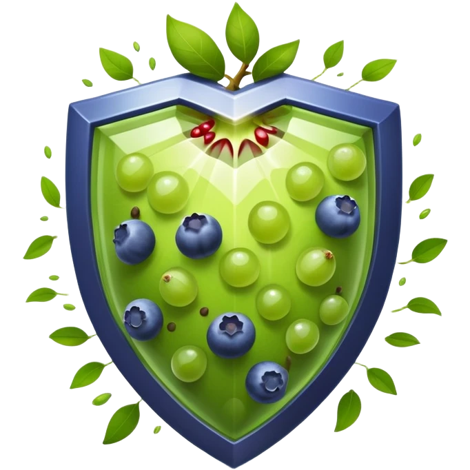 Antioxidant-rich foods (blueberries, pomegranate, grapes, dark chocolate, green tea) surrounded by a powerful, bright protective shield. The shield emits intense rays that destroy dark particles of free radicals, creating a strong protective barrier around body cells. emoji