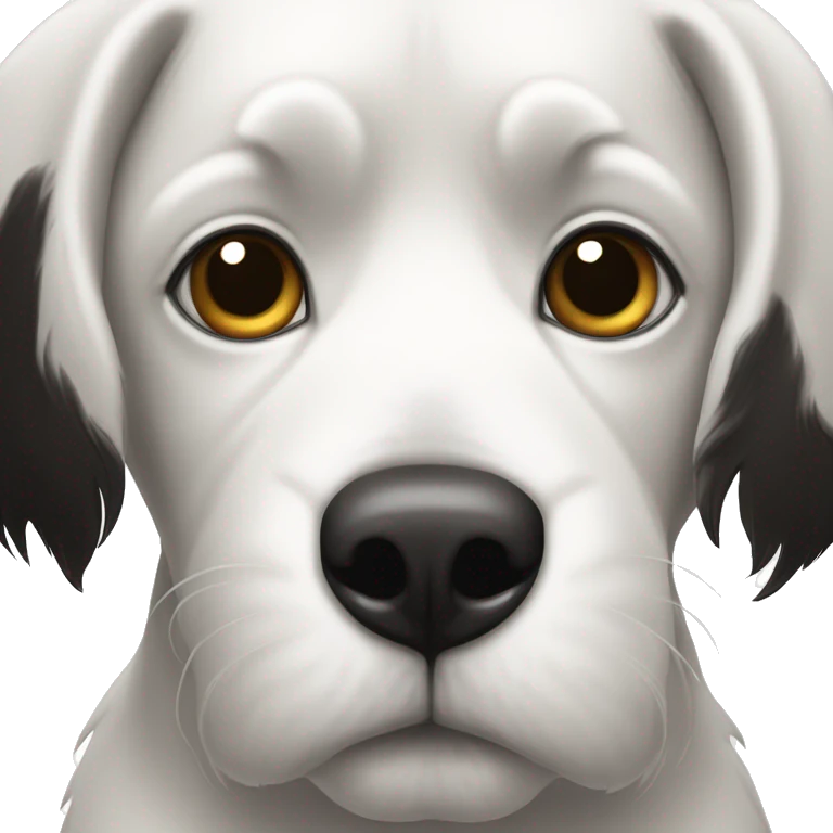 Un perro blanco y negro con el pelo desordenado y algo pequeño con los ojos marrón oscuro  emoji