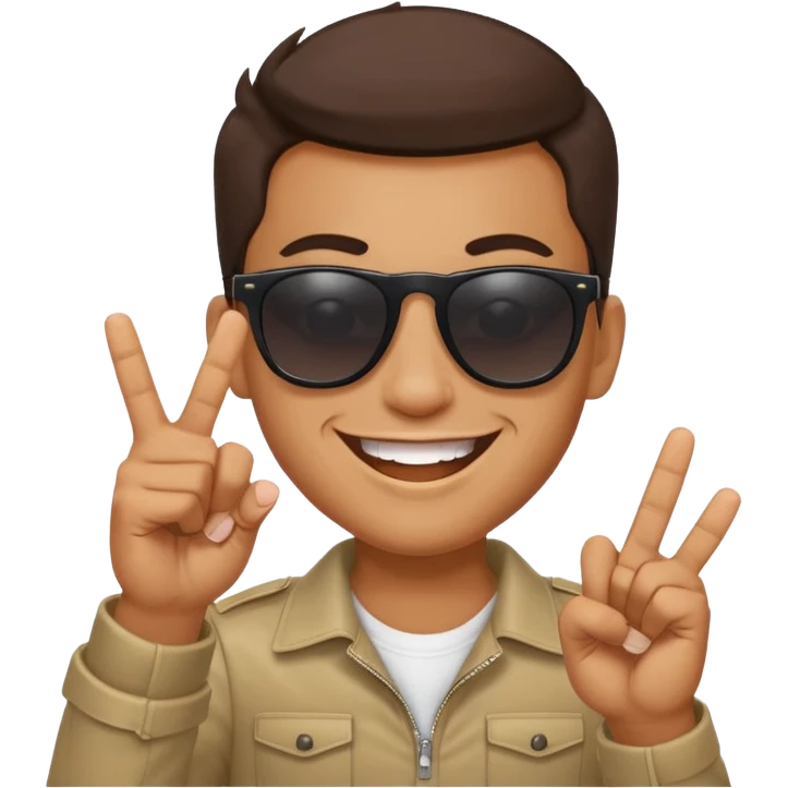 face with sunglasses, grinning, making finger guns gesture emoji