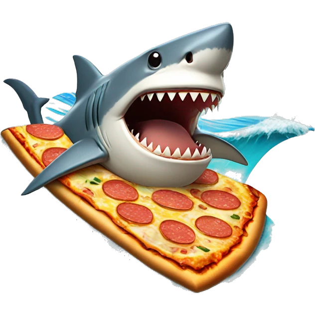 shark riding surf board eating a pizza on a wave emoji
