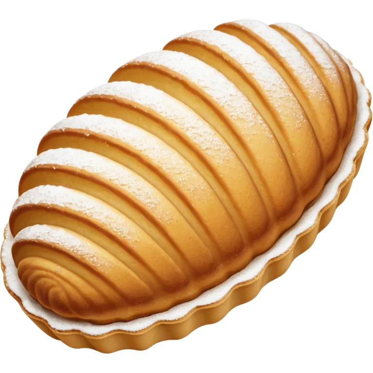 A madeleine pastry. Oval shaped with four to five vertical lines going in the same direction. Scalloped seashell shape. Light golden brown. Scalloped edge. Cookie. Flat. emoji