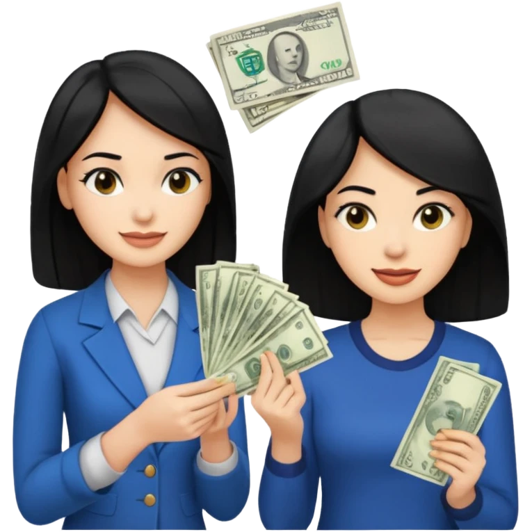Chica cabello negro, en el marketing digital, que esté preocupada por facturas y otra que esté alegre de ganar dinero  emoji
