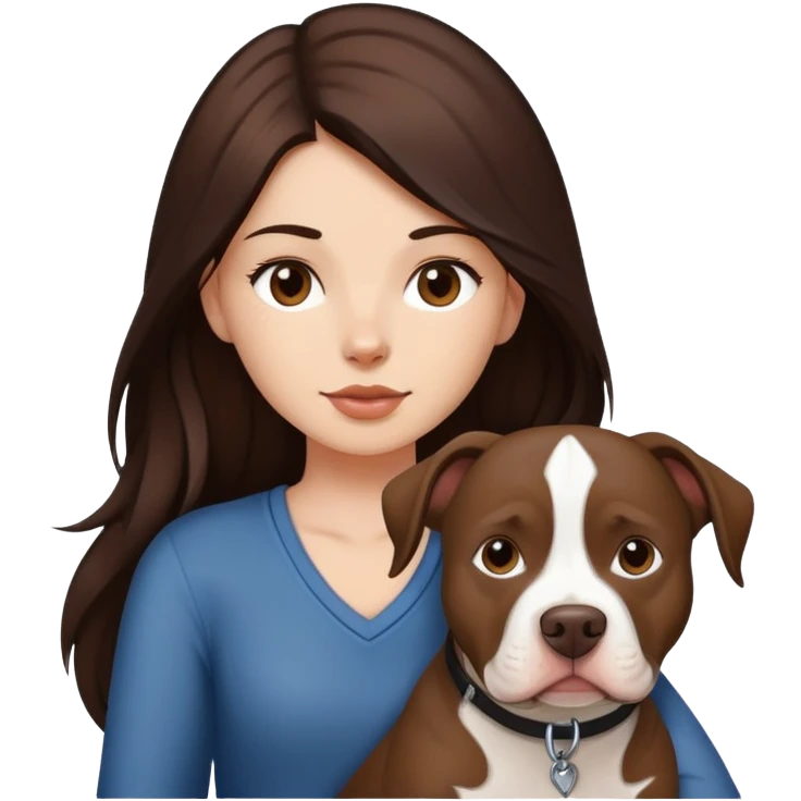 girl with dark brown long hair with her pitbull dog brown and white emoji