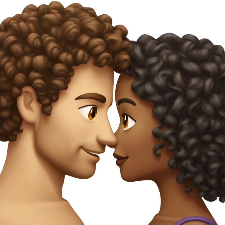 Tanned complexion woman with curly hair and white man with dark brown hair kissing  emoji