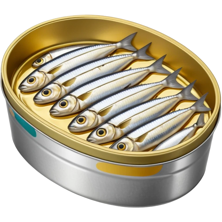open oval tin showing tightly packed whole sardines in shiny silver skin, slightly overlapping and nestled in golden oil or tomato sauce, clean outlines, glossy preserved texture, no fork, garnish, or label, just the open tin and contents, soft lighting, subtle shadows, emoji scale emoji